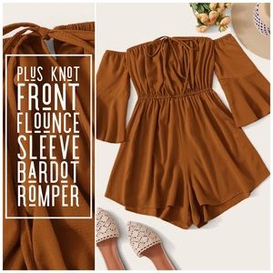 NWOT: Plus Knot Front Flounce Sleeve Bardot Romper